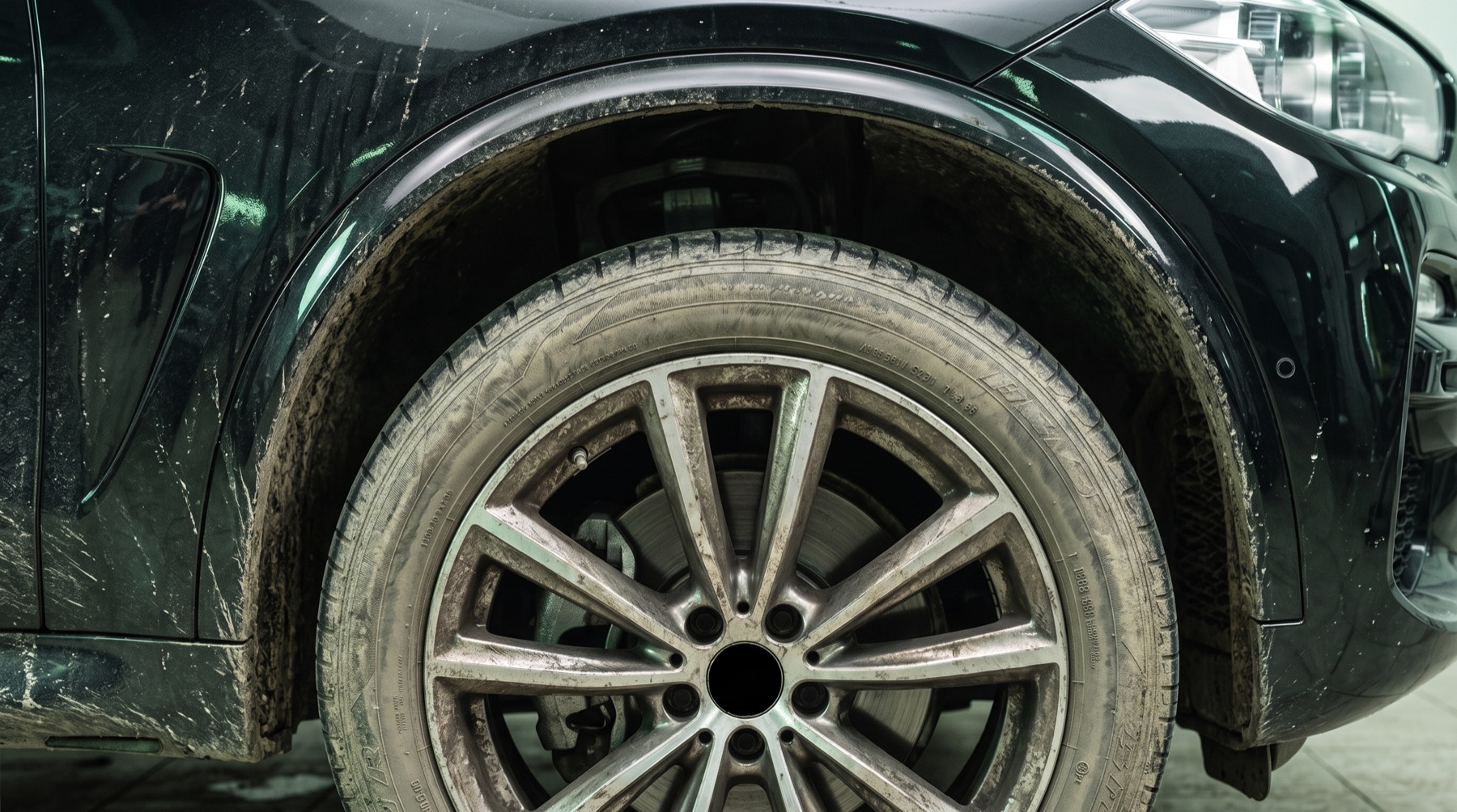 Before: alloy wheel caked in brake dust and dried mud with a dull, dirty tyre