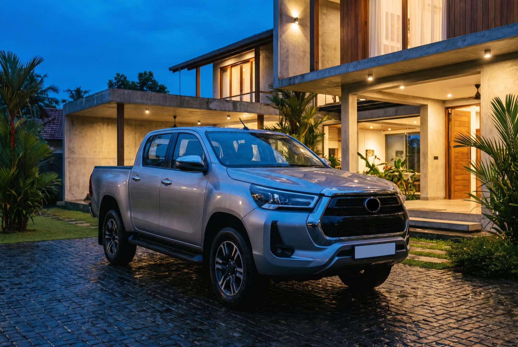 Detailed silver double-cab pickup outside a modern house at dusk
