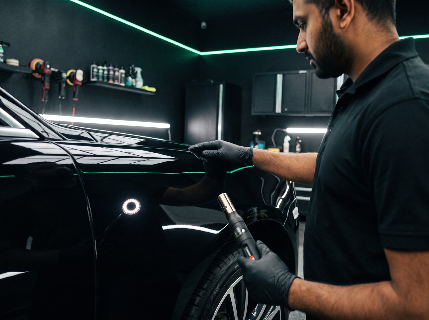 Detailer inspecting a flawless black car's fender with a swirl-finder torch