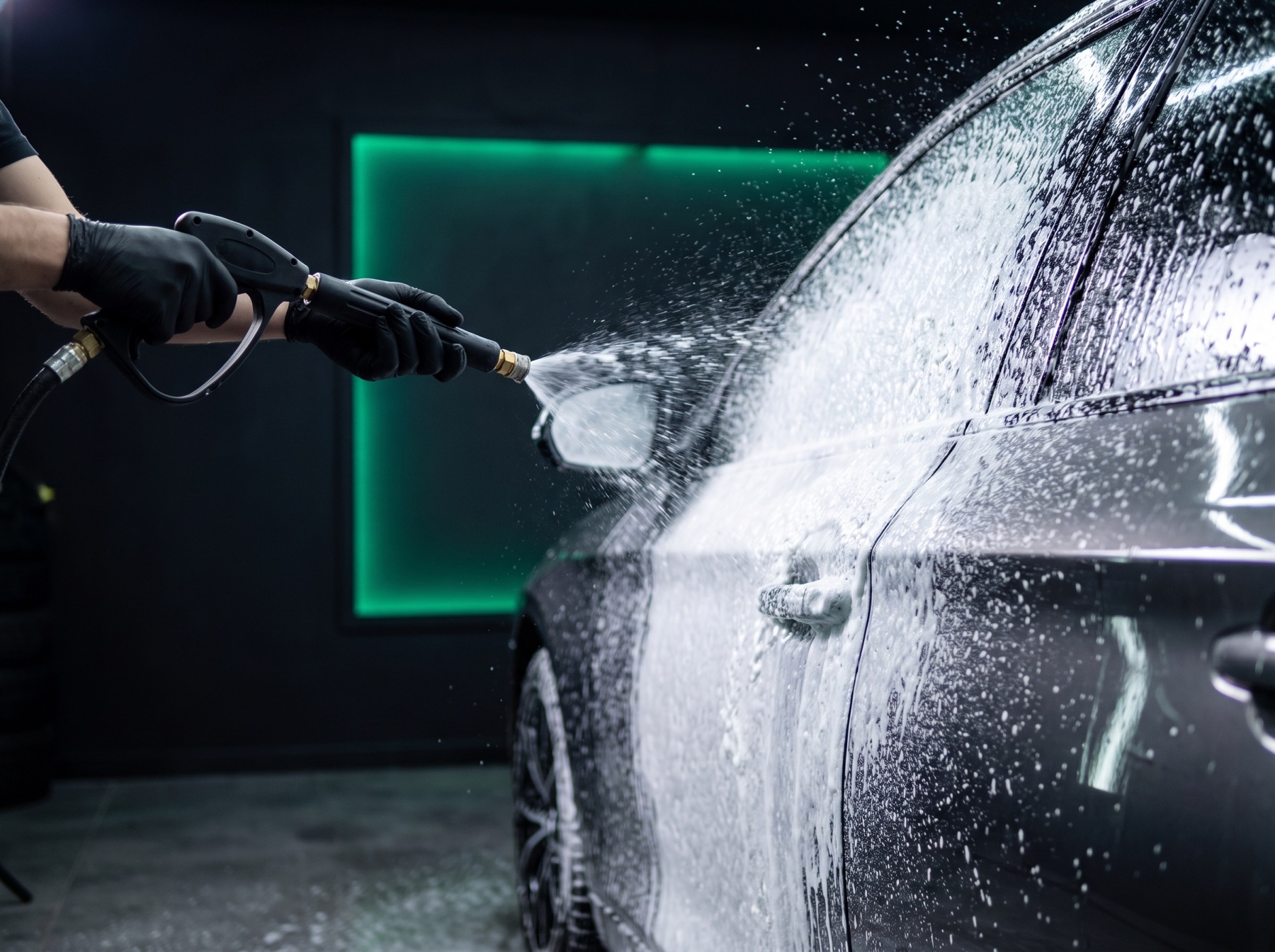 Detailer rinsing thick snow foam off the side of a dark car in a studio lit with green light