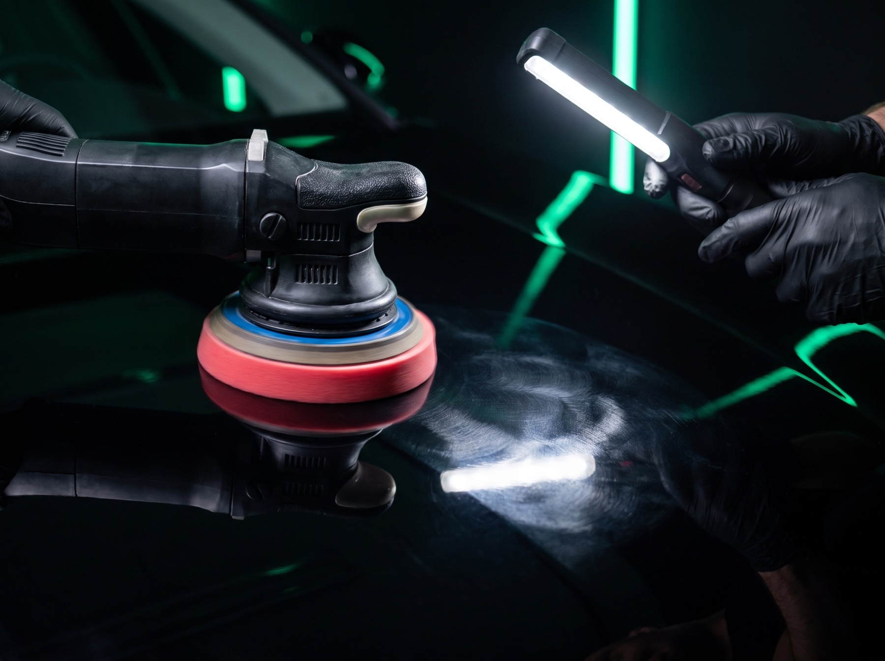 Dual-action machine polisher correcting black paint beside a handheld inspection light