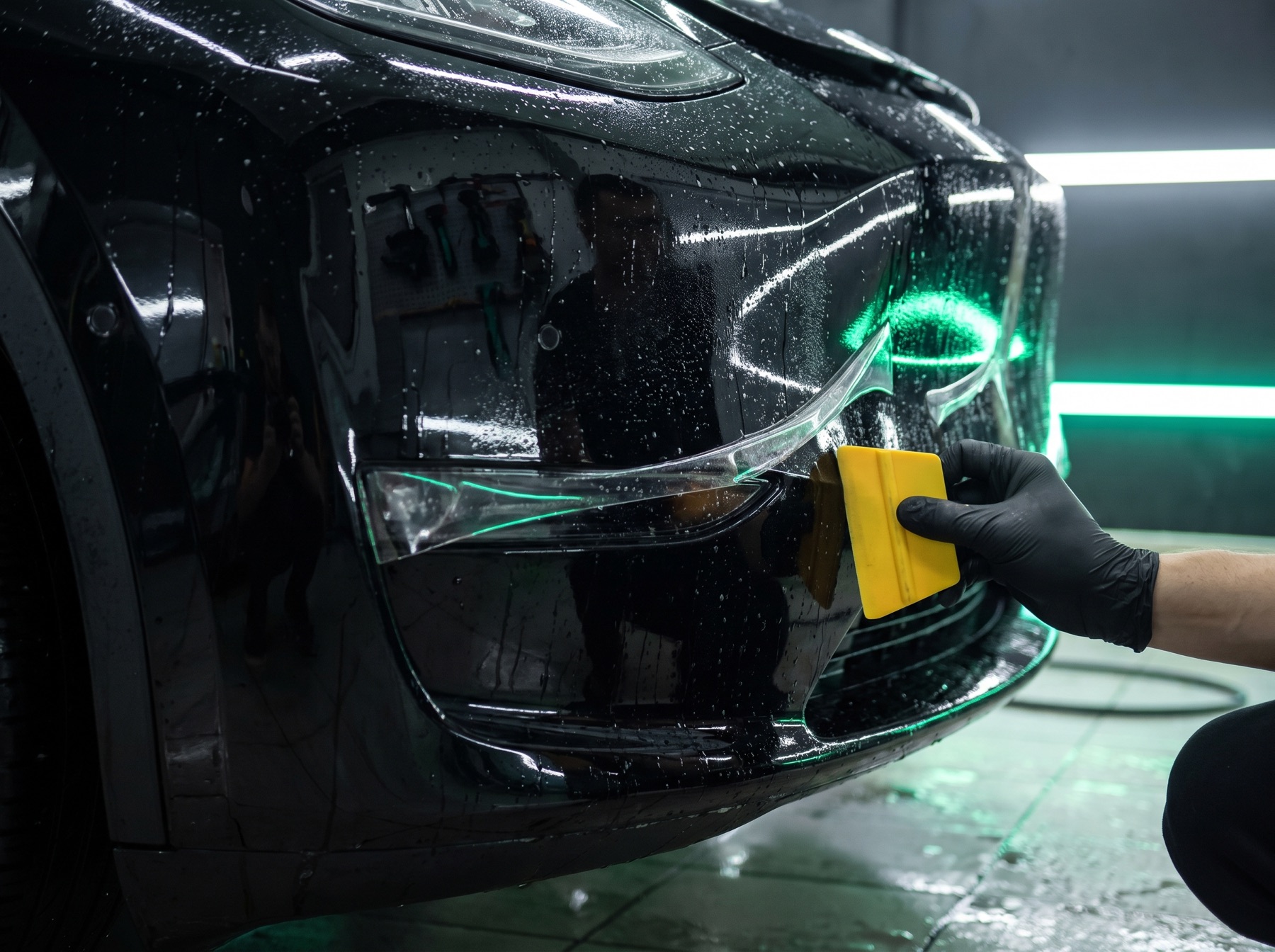Detailer squeegeeing clear paint protection film onto a black front bumper